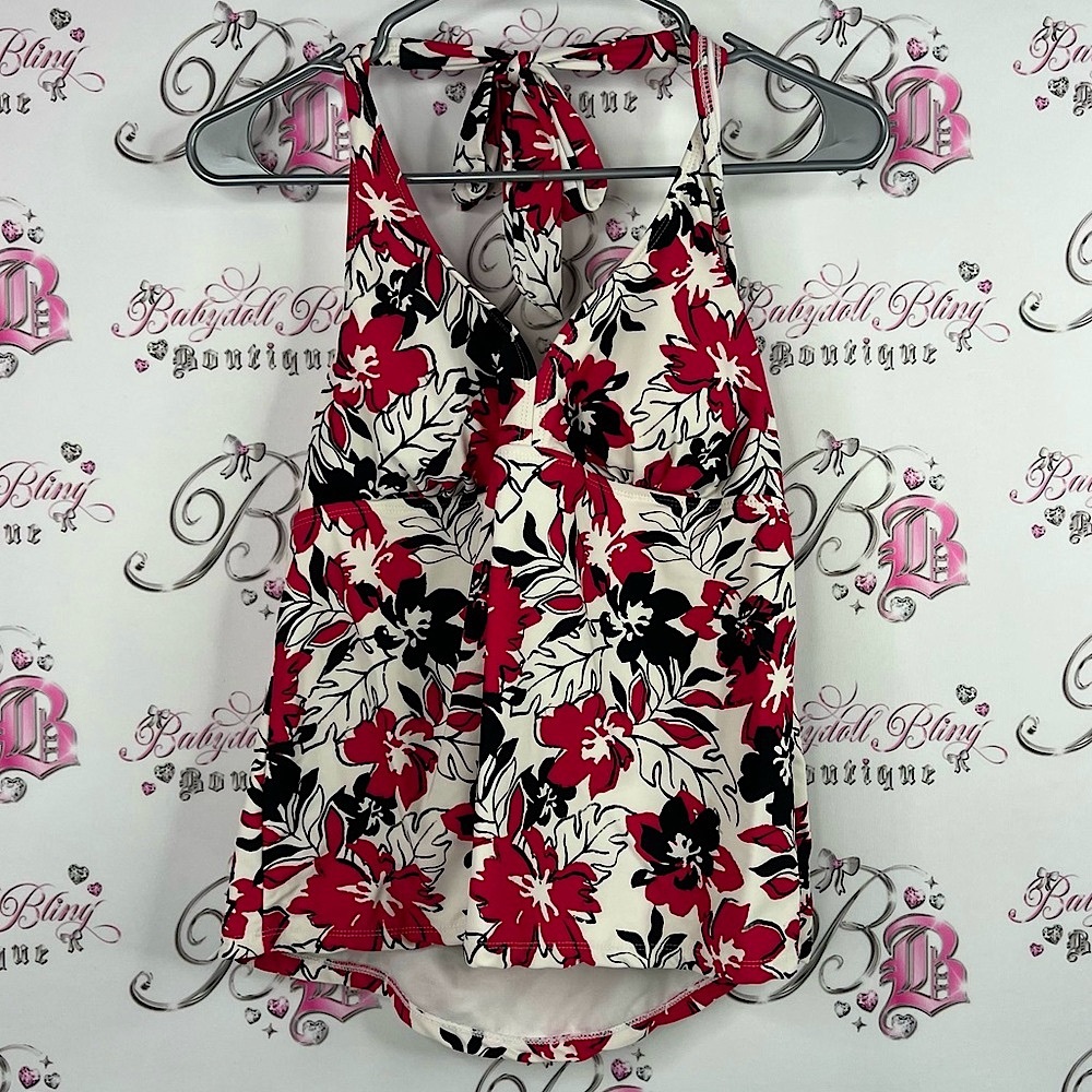 Catalina tankini top beach swim Floral Halter Neck Tank Top - Red and Black